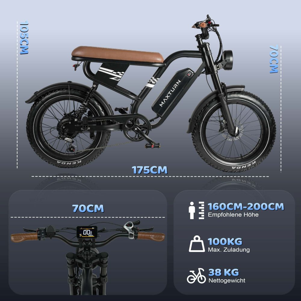 Bici elettrica nera con sella marrone, dimensioni 175x105x70cm. Display mostra 00.