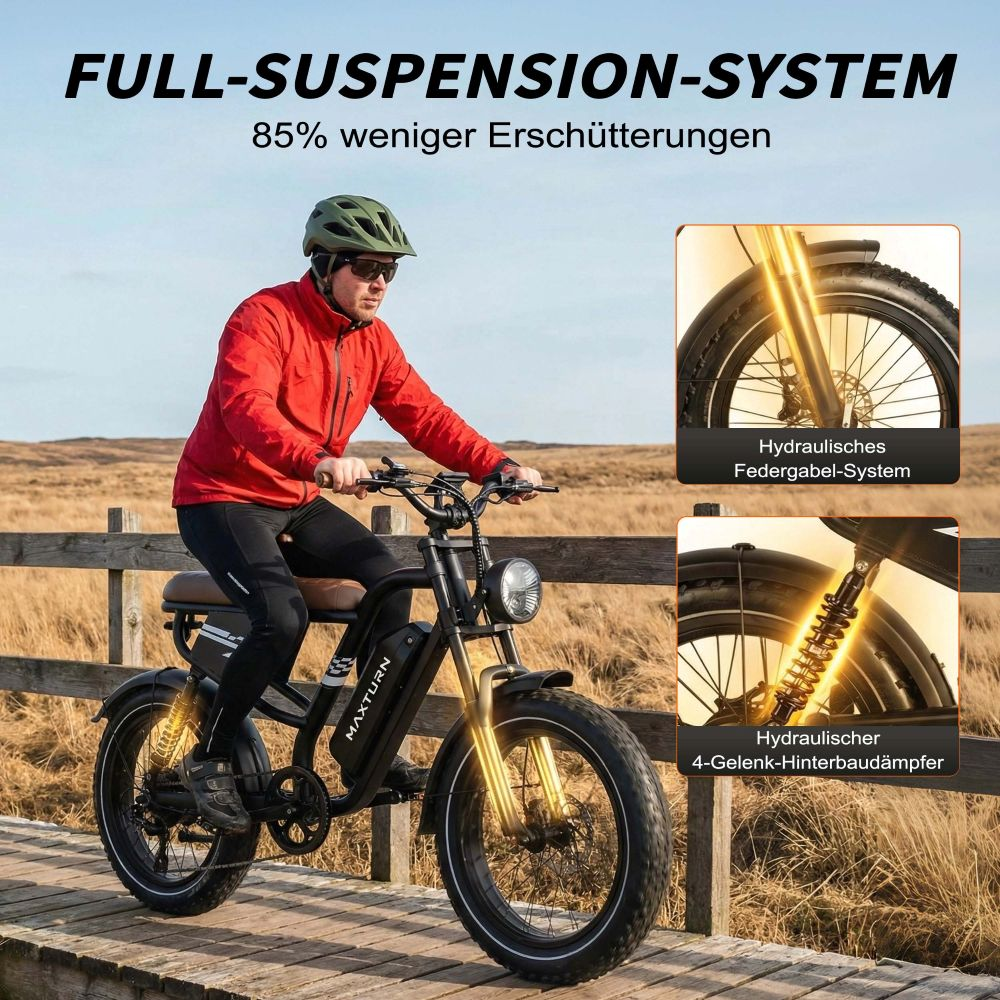 Uomo guida e-bike full suspension su passerella in legno, primi piani delle sospensioni.