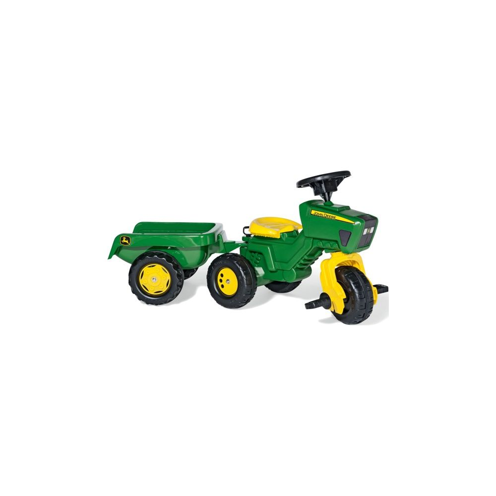 Grüner Spielzeugtraktor mit Anhänger, gelber Sitz und Räder.