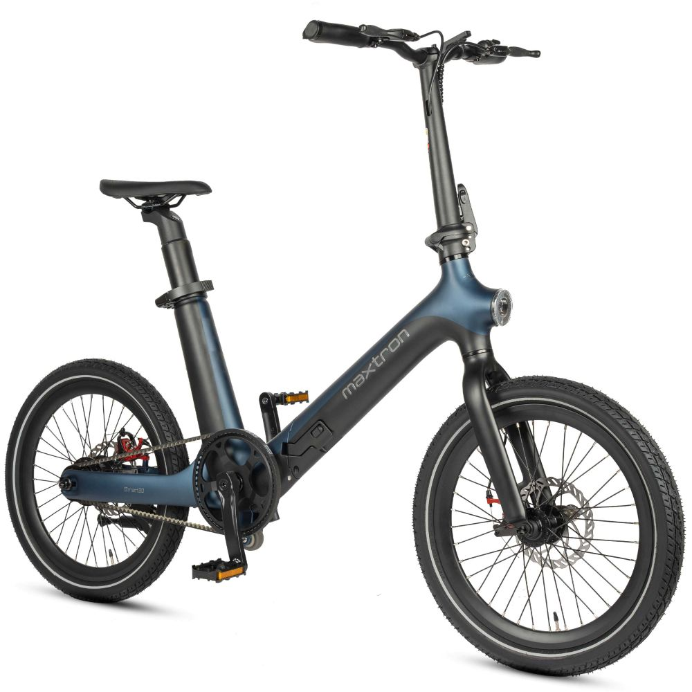 Bicicletta pieghevole blu scuro con pneumatici e cerchi neri, striscia bianca.