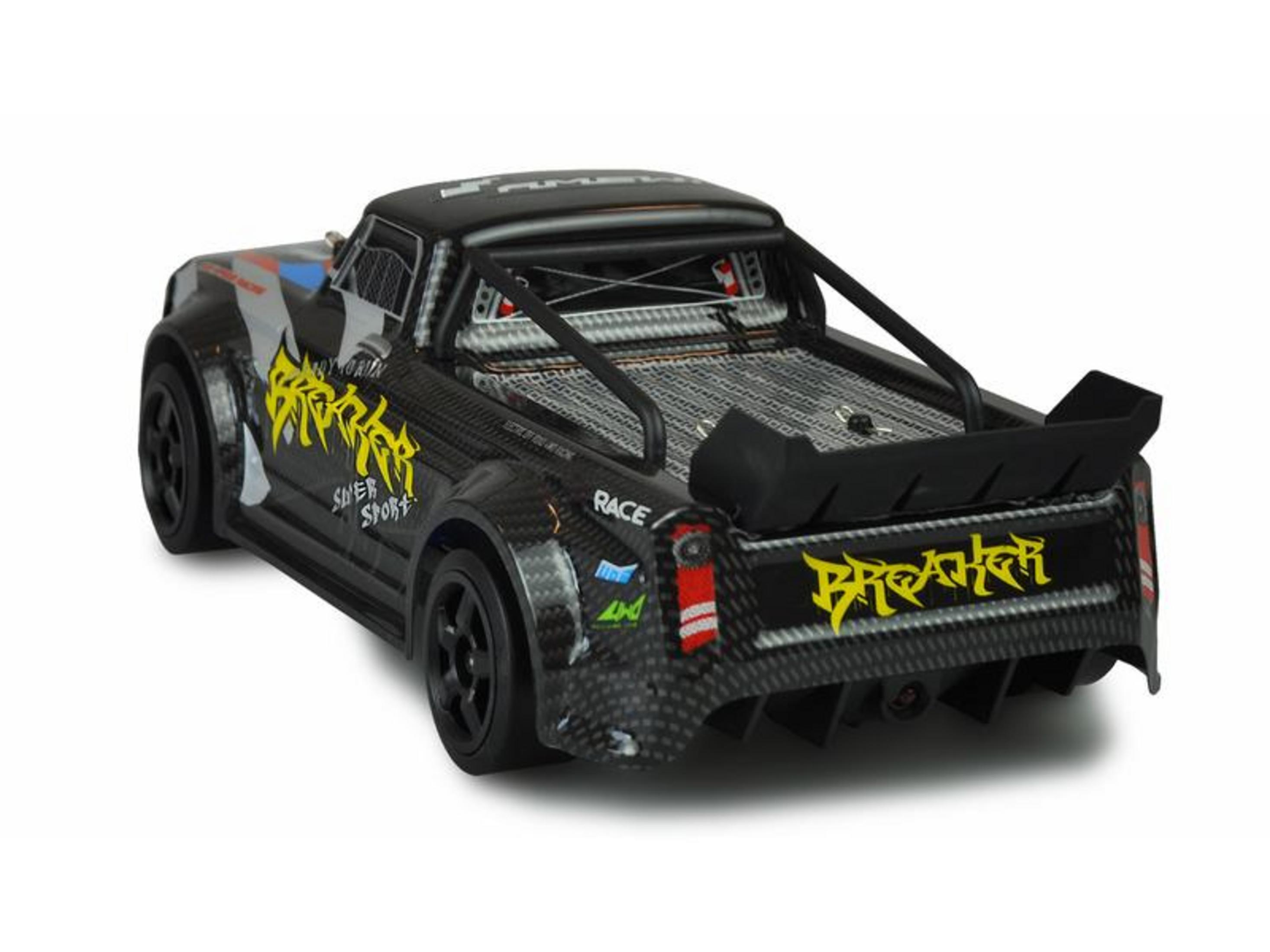 Schwarzer RC-Truck mit gelbem „Breaker“-Aufkleber und Spoiler.
