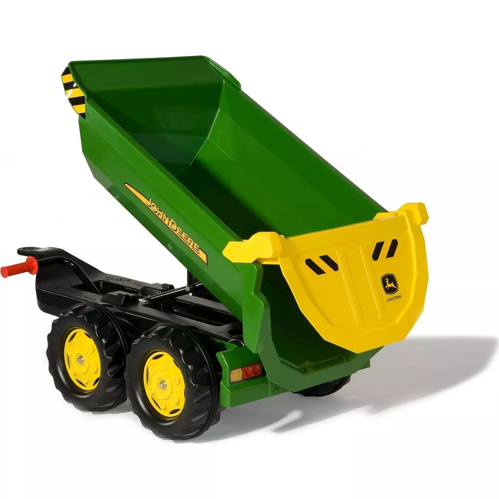 Grüner John Deere Kipplaster Spielzeug mit gelber Klappe und Rädern.