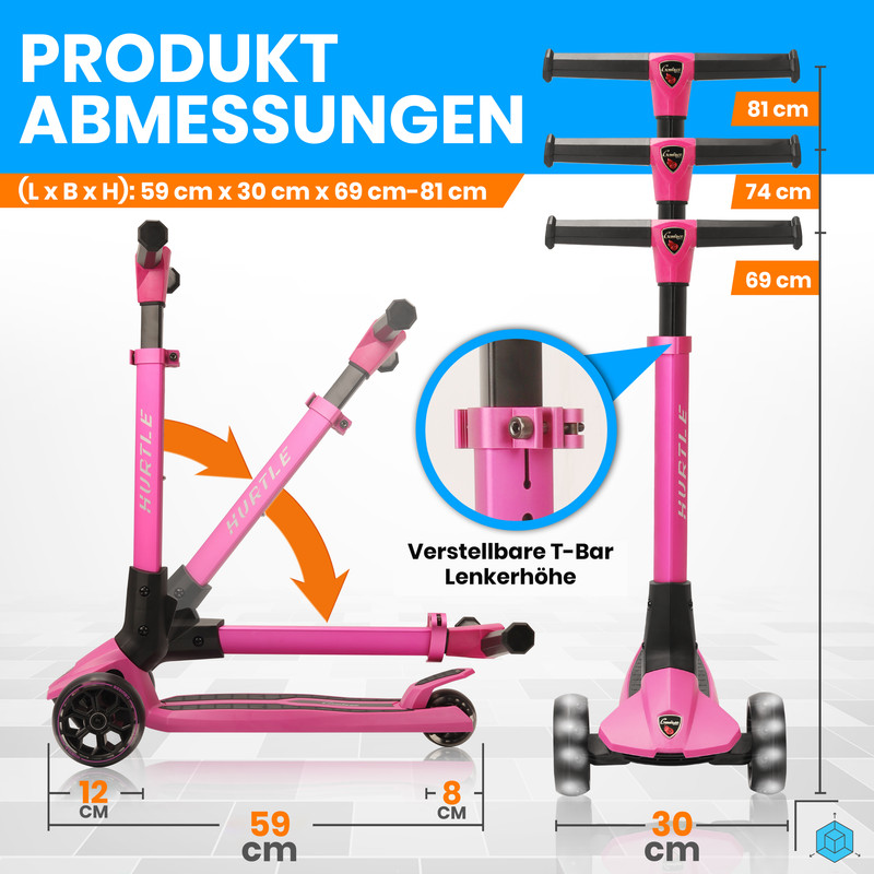 Pinker dreirädriger Roller mit Maßangaben. Verstellbare Lenkerhöhe.
