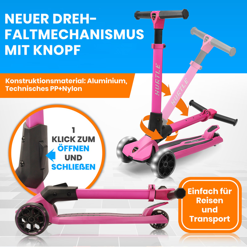 Ein pinker, dreirädriger Roller mit Faltmechanismus und Text.