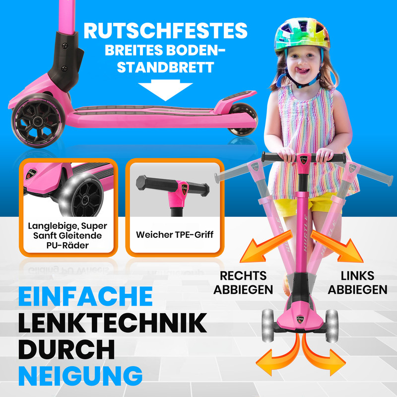 Ein pinkfarbenes Dreirad-Scooter mit einem Kind, das es benutzt. Merkmale hervorgehoben.