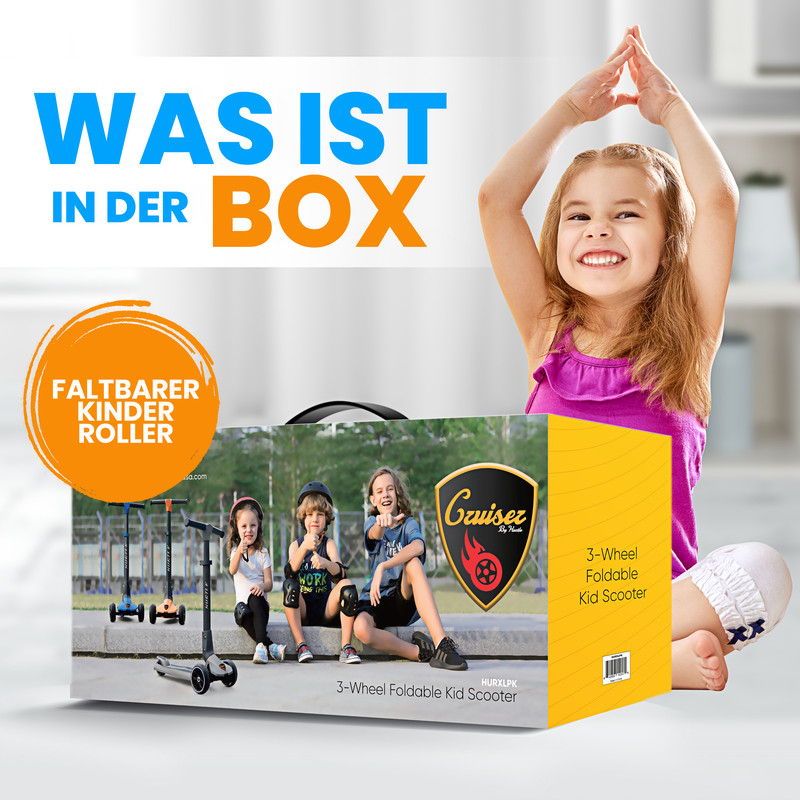 Ein Mädchen hebt die Arme, neben einer Kiste mit Rollern und Kindern.