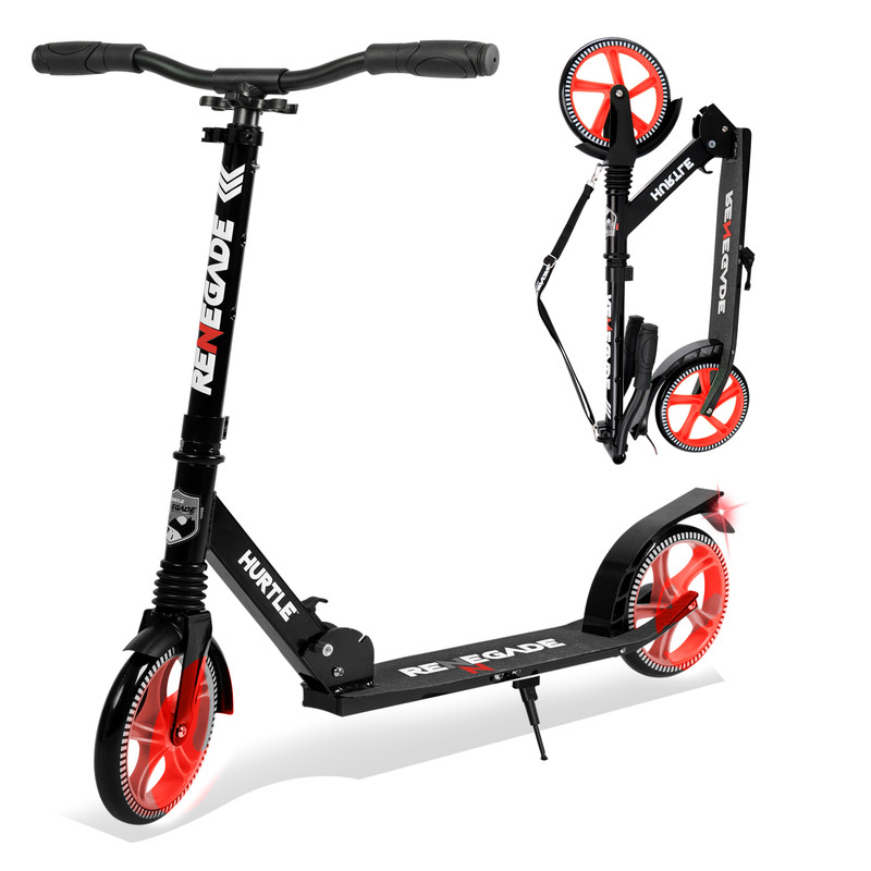 Schwarzer Roller mit roten Rädern, ein Roller ist aufgeklappt, der andere zusammengeklappt.