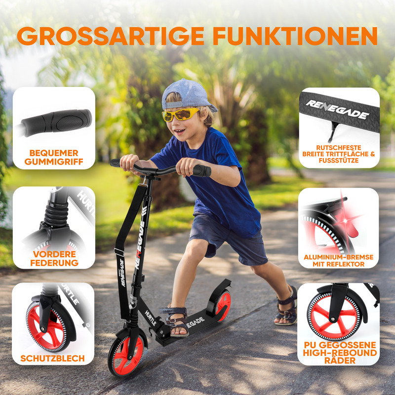 Junge fährt einen schwarzen Roller mit roten Rädern im Freien, mit Funktionsdetails.