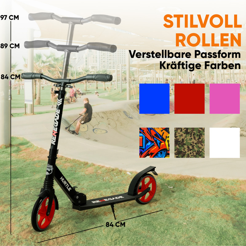 Schwarzer Roller mit roten Rädern im Skatepark. Text und Farbfelder vorhanden.