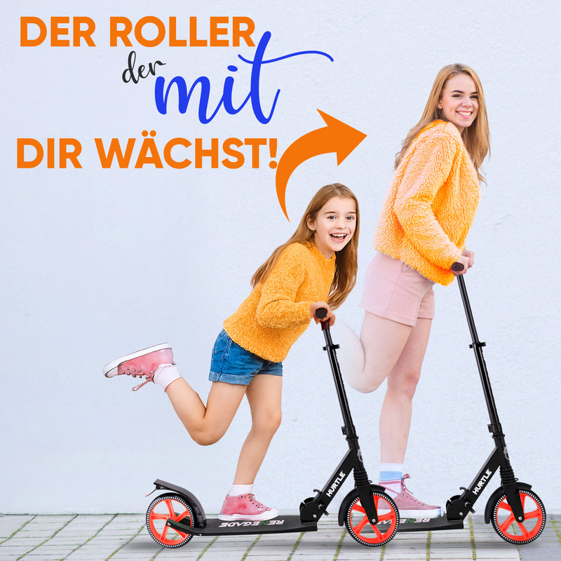 Zwei Mädchen auf Rollern, eines fährt vor dem anderen. Ein Pfeil zeigt von links nach rechts.