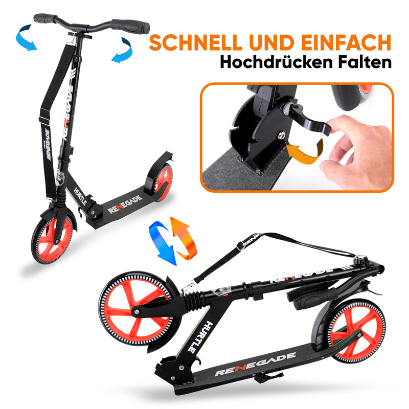 Schwarzer Roller mit roten Rädern, zusammenklappbar. Nahaufnahme zeigt Faltenmechanismus.