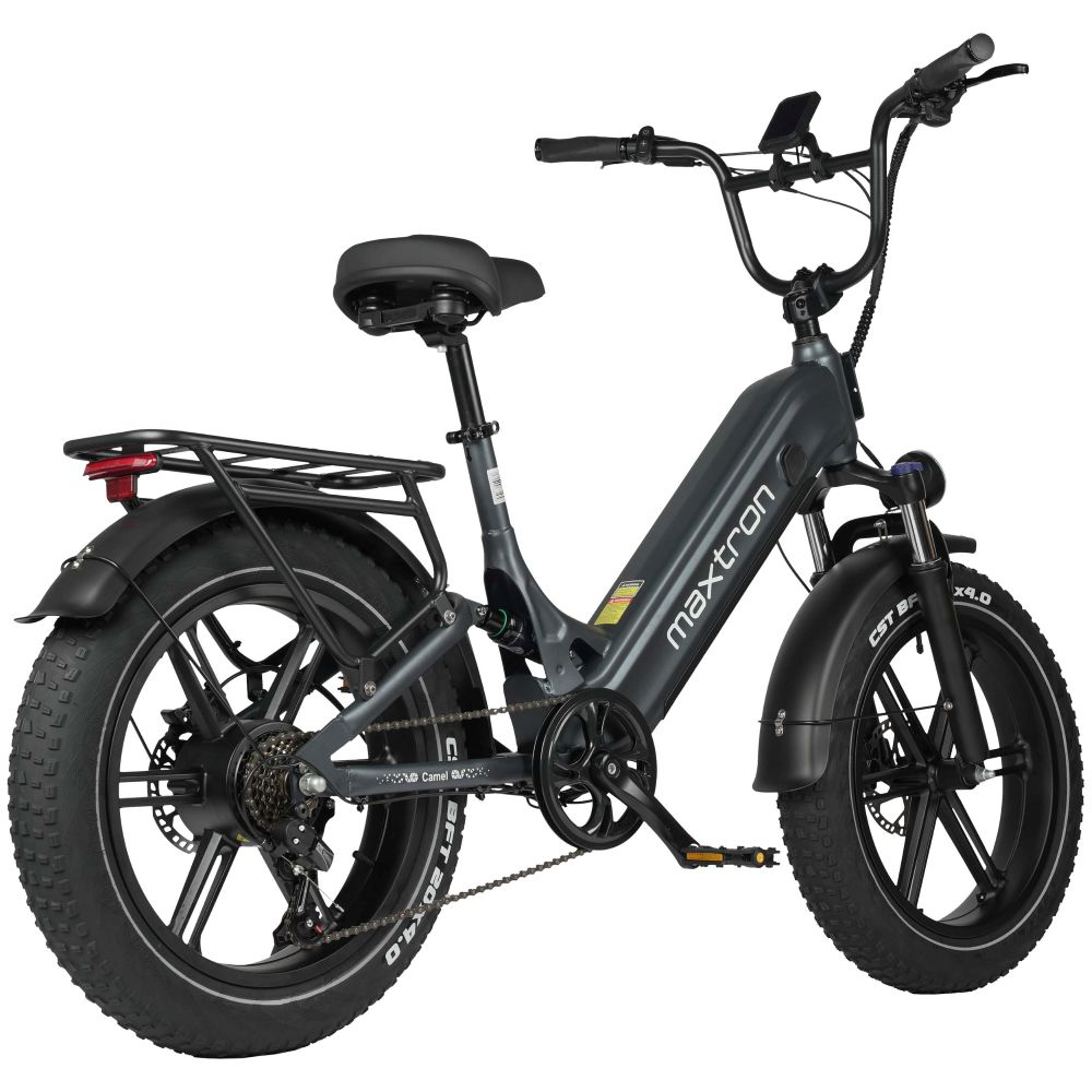 Una e-bike grigia con pneumatici larghi e portapacchi posteriore su sfondo bianco.