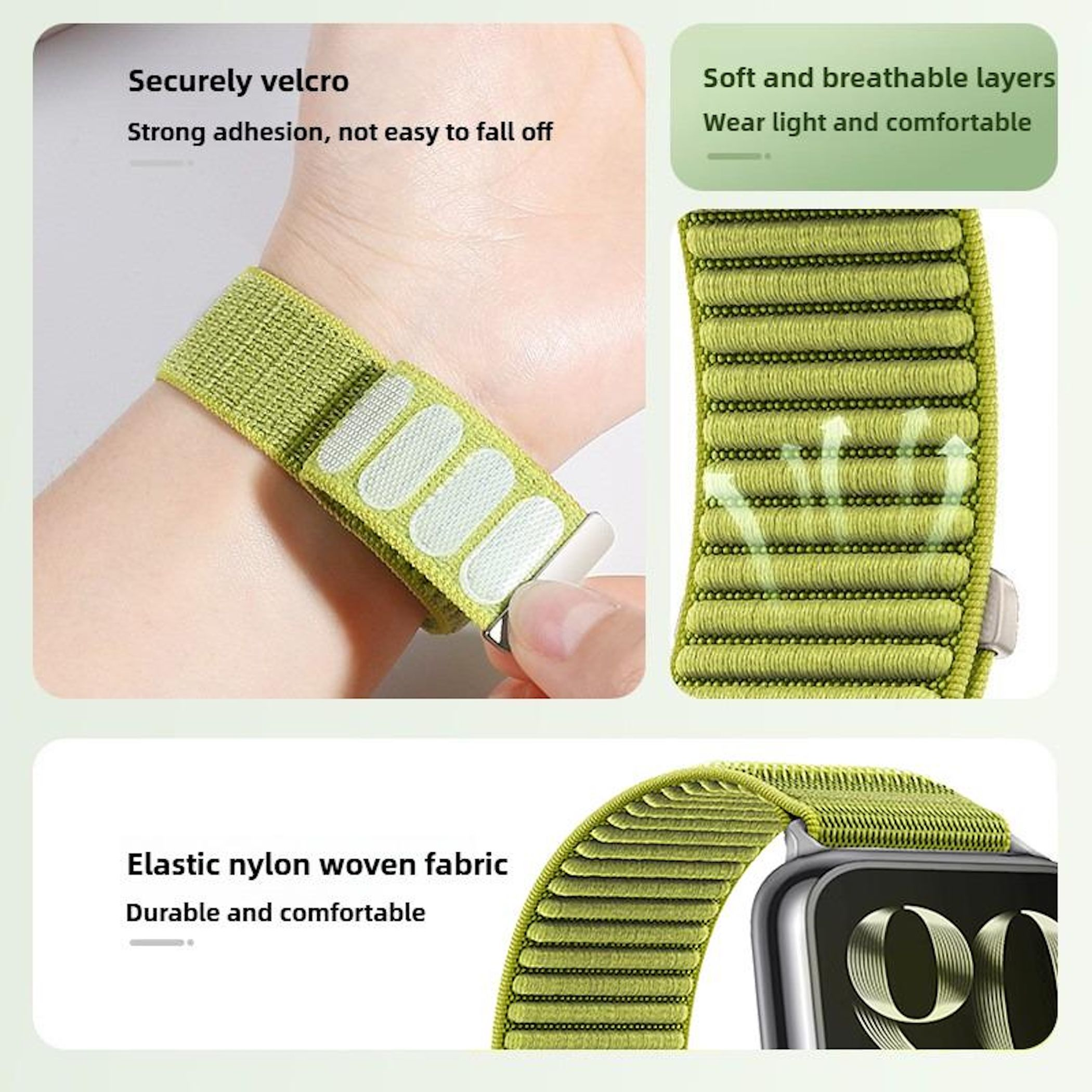 Grünes Klettverschluss-Armband für Smartwatch mit atmungsaktiven Schichten.