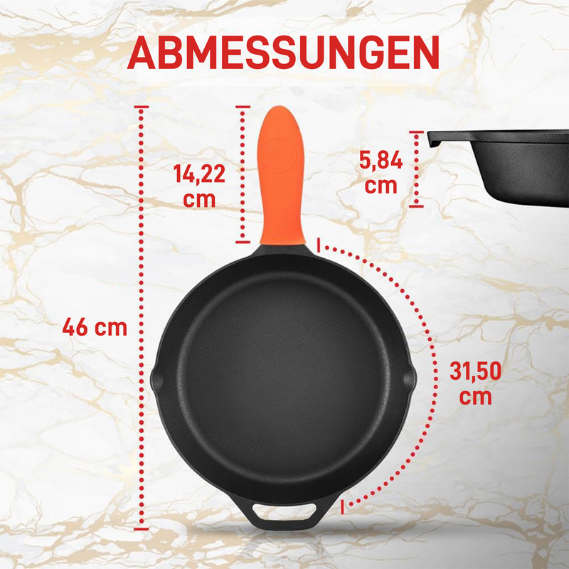 Eine schwarze Pfanne mit orangefarbenem Griff und Maßangaben.