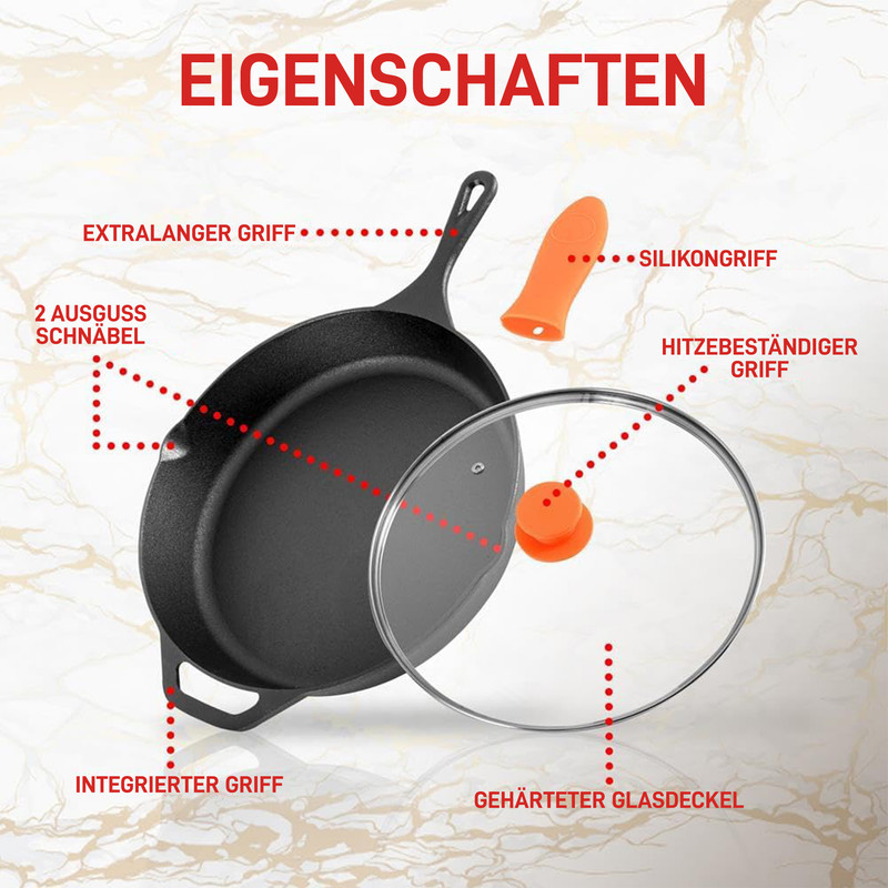 Gusseiserne Pfanne mit Glasdeckel, Silikon- und Hitzeschutzgriff.