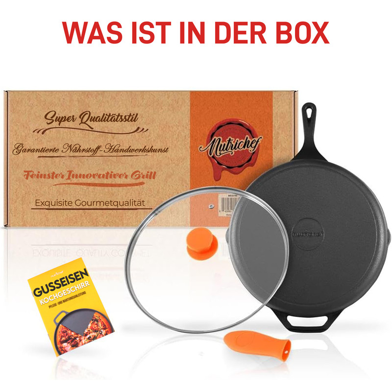 Gusseiserne Pfanne mit Glasdeckel, Griff und Anleitung neben einer Produktbox.