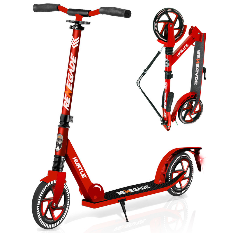 Ein roter zusammenklappbarer Roller mit schwarzen Griffen und Rädern.