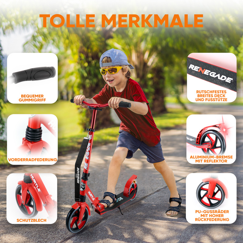 Ein Junge fährt einen roten Roller mit mehreren Detailaufnahmen von Merkmalen.