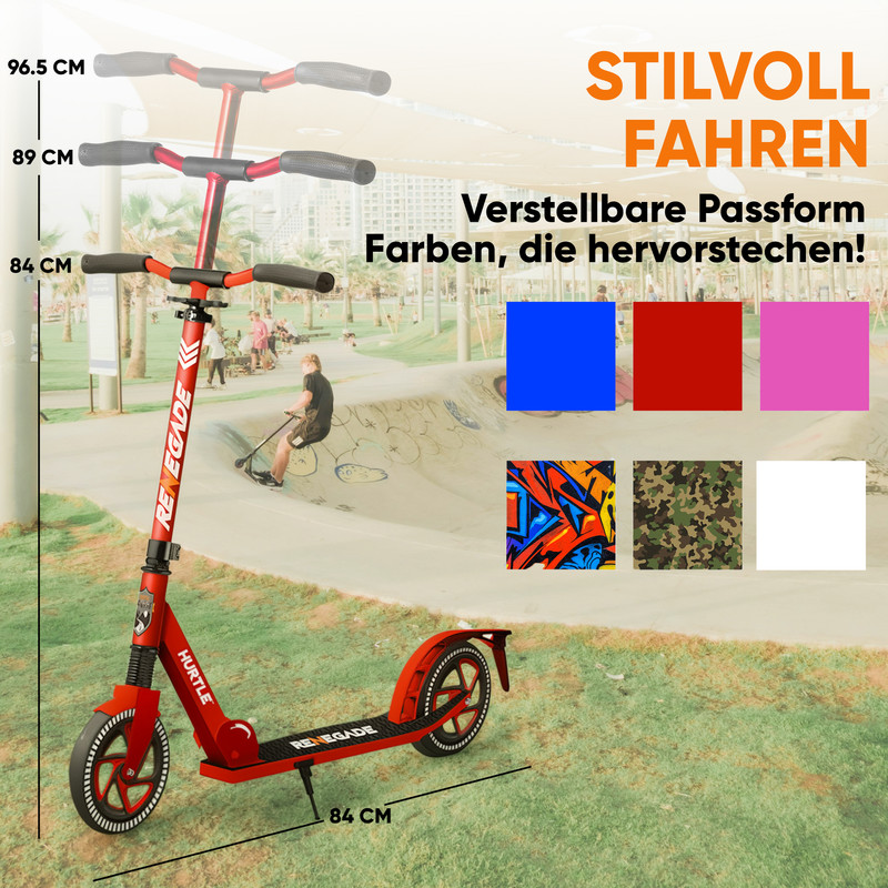 Roter Roller im Skatepark, mit Farbfeldern. Roller hat verstellbare Höhe.