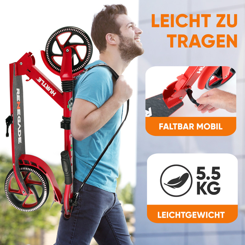 Ein Mann trägt einen roten Roller auf der Schulter. "Leicht zu tragen".