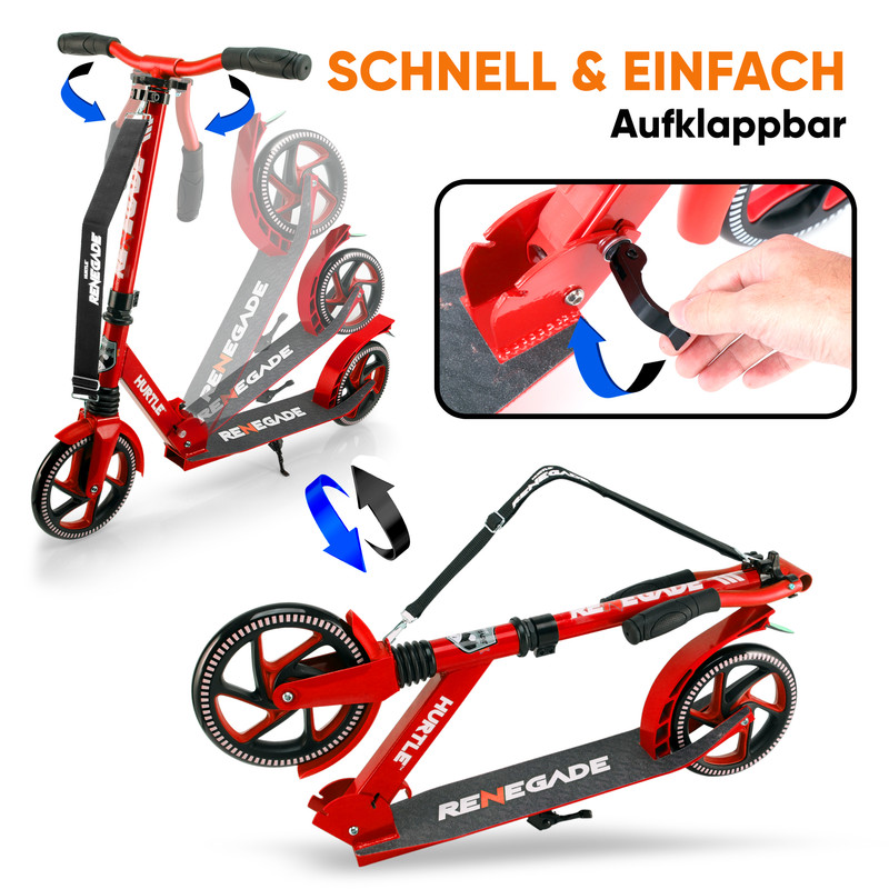 Roter Tretroller mit großen Rädern und Faltmechanismus.