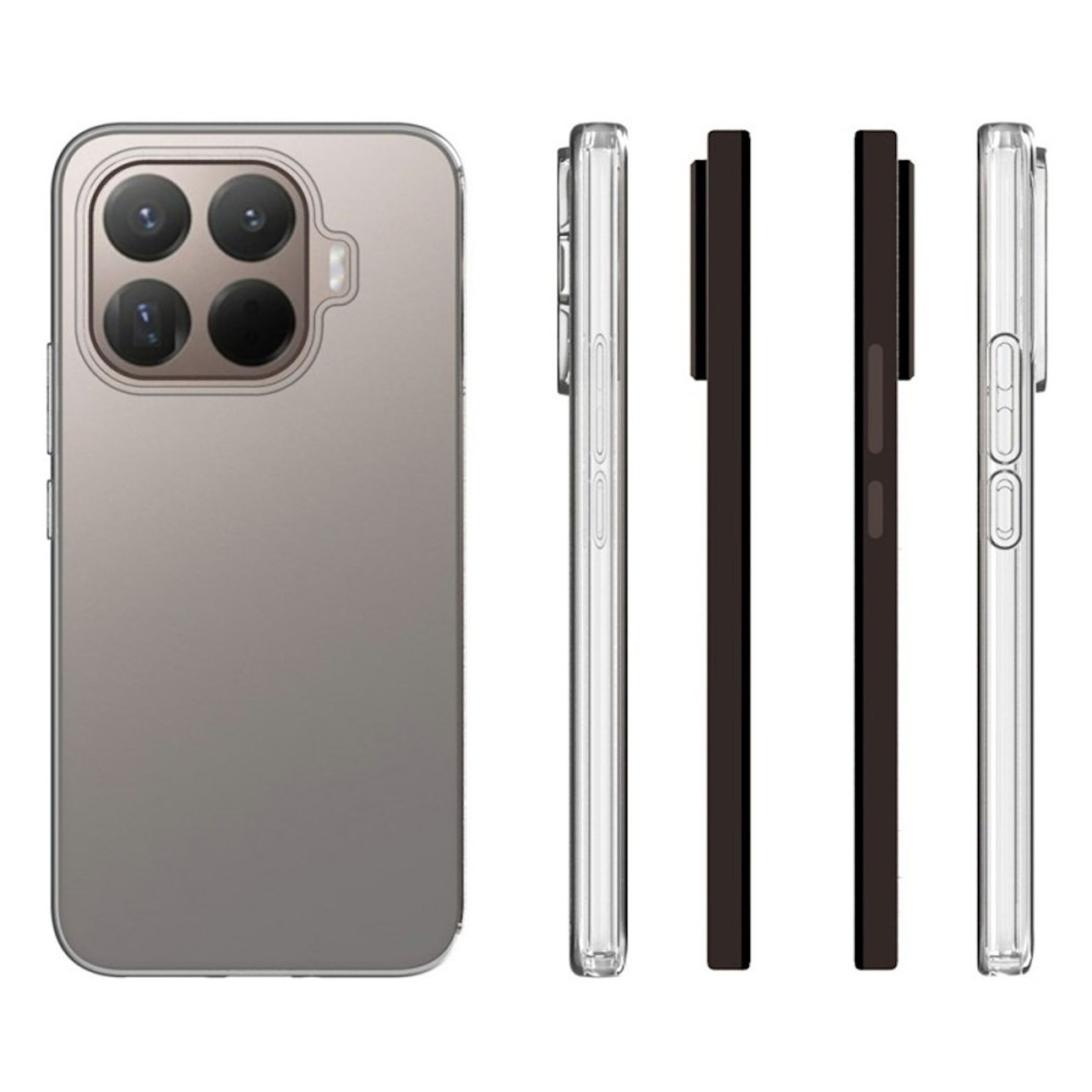 Rückseite und Seitenansichten eines Smartphone-Schutzcovers in Grau und Transparent.
