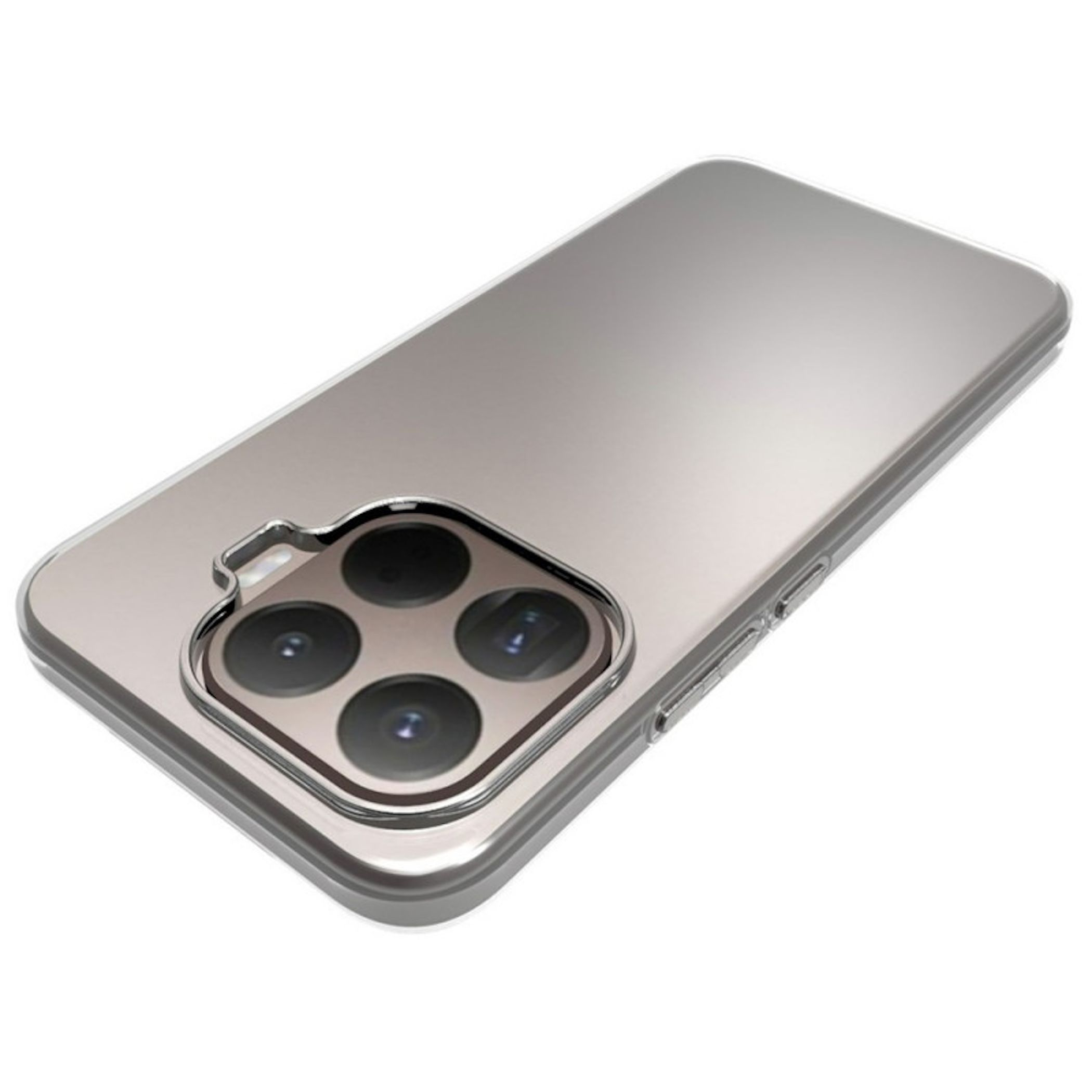 Ein silbernes Handy mit vier Kameras auf der Rückseite, auf weißem Hintergrund.
