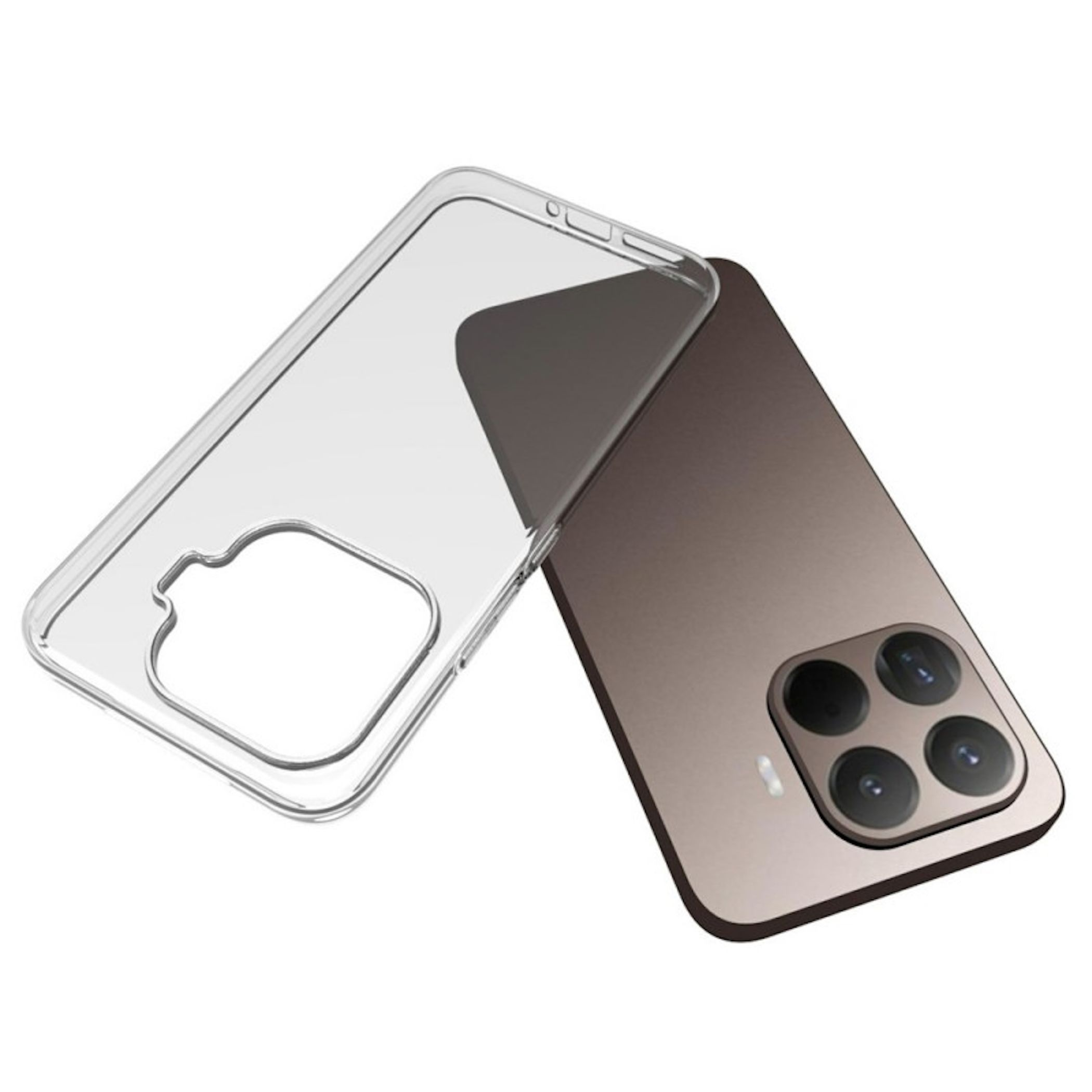 Ein durchsichtiger Handykoffer liegt neben einem bronzefarbenen Handy mit vier Kameras.
