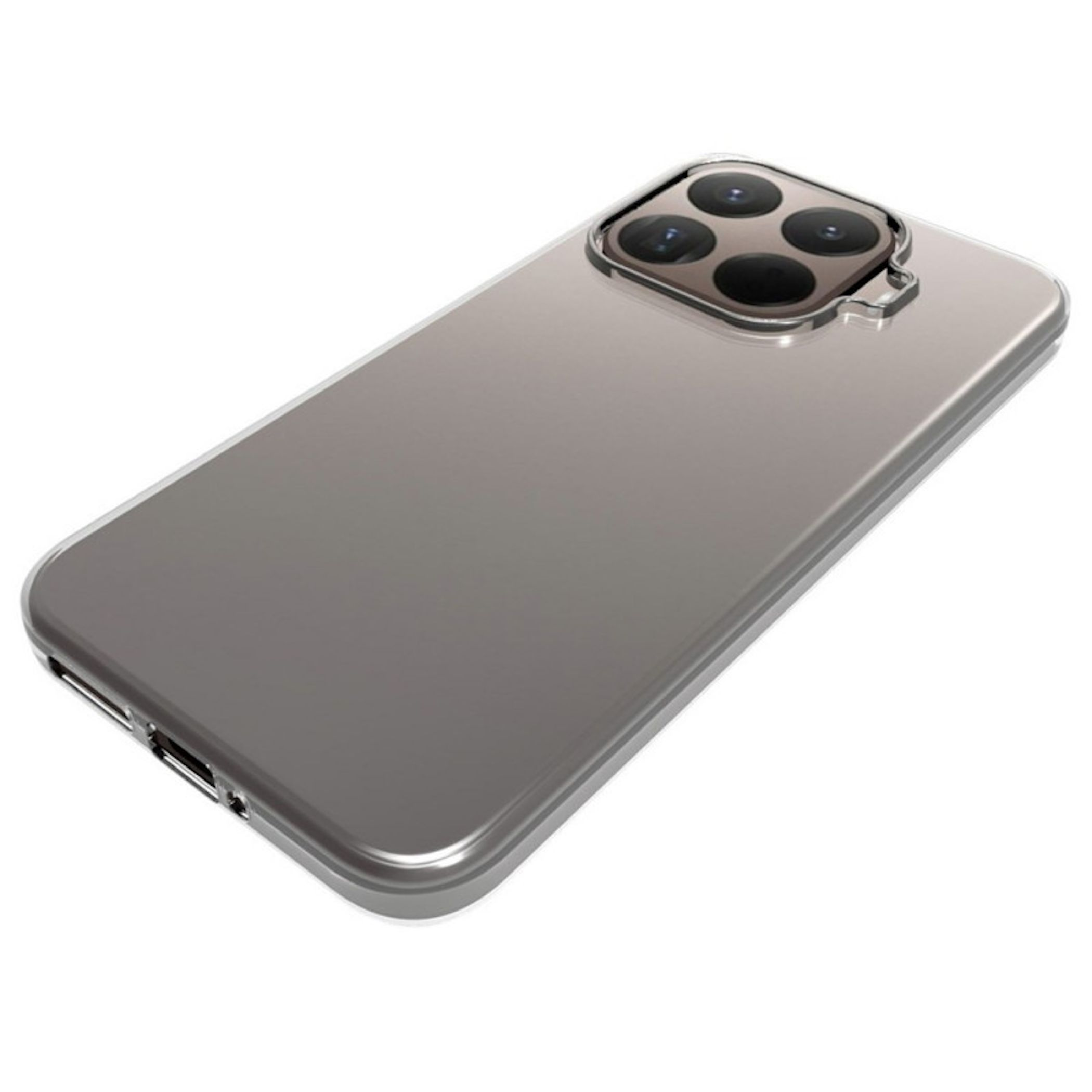 Rückseite eines grauen iPhones mit vier Kameras in einem quadratischen Modul.