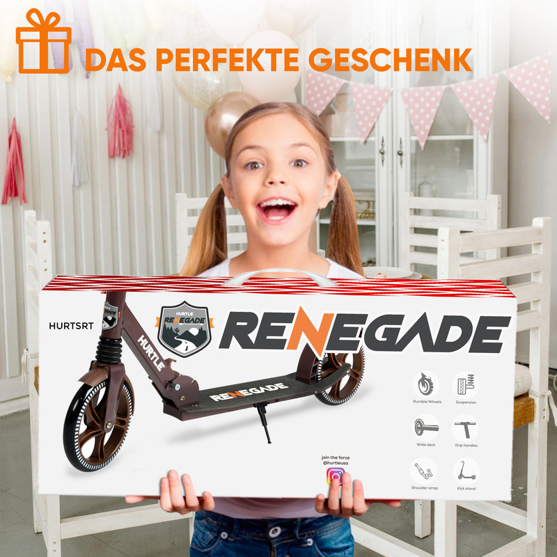 Ein Mädchen hält eine Geschenkbox mit einem Roller. Text: Das perfekte Geschenk.