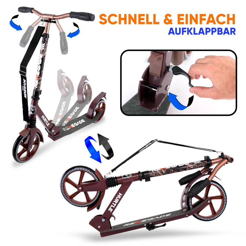 Brauner Roller mit verstellbarem Lenker und faltbarem Mechanismus.