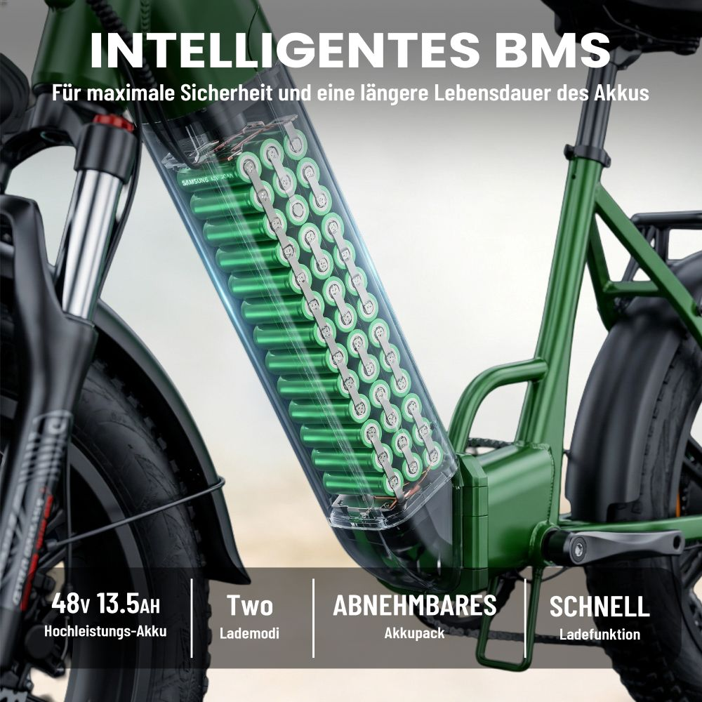 E-bike verde con pacco batteria trasparente che mostra celle da 48V 13.5AH.