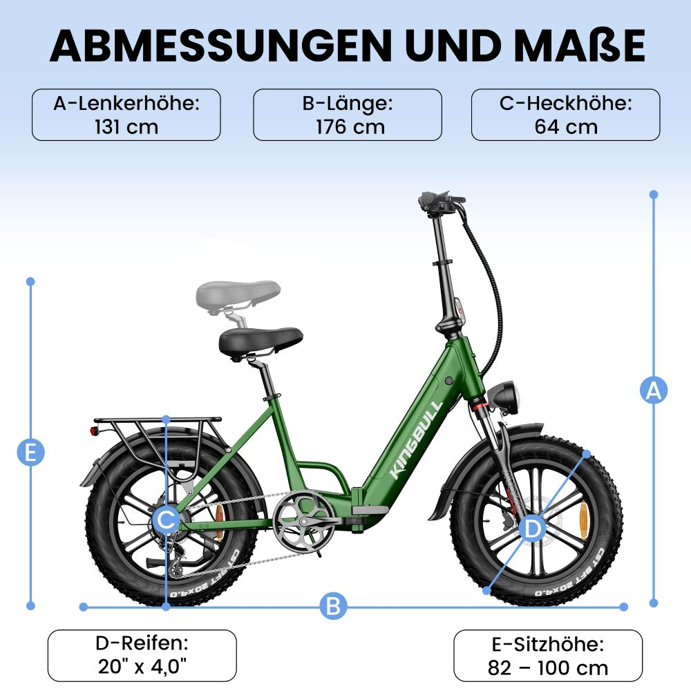 E-bike verde con dimensioni: altezza manubrio 131cm, lunghezza 176cm, altezza posteriore 64cm, ruote 20x4, altezza sella 82-100cm.