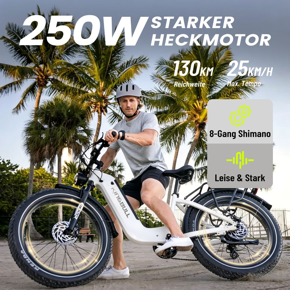 Uomo su e-bike bianca con motore posteriore 250W, Shimano 8 marce, sotto palme.