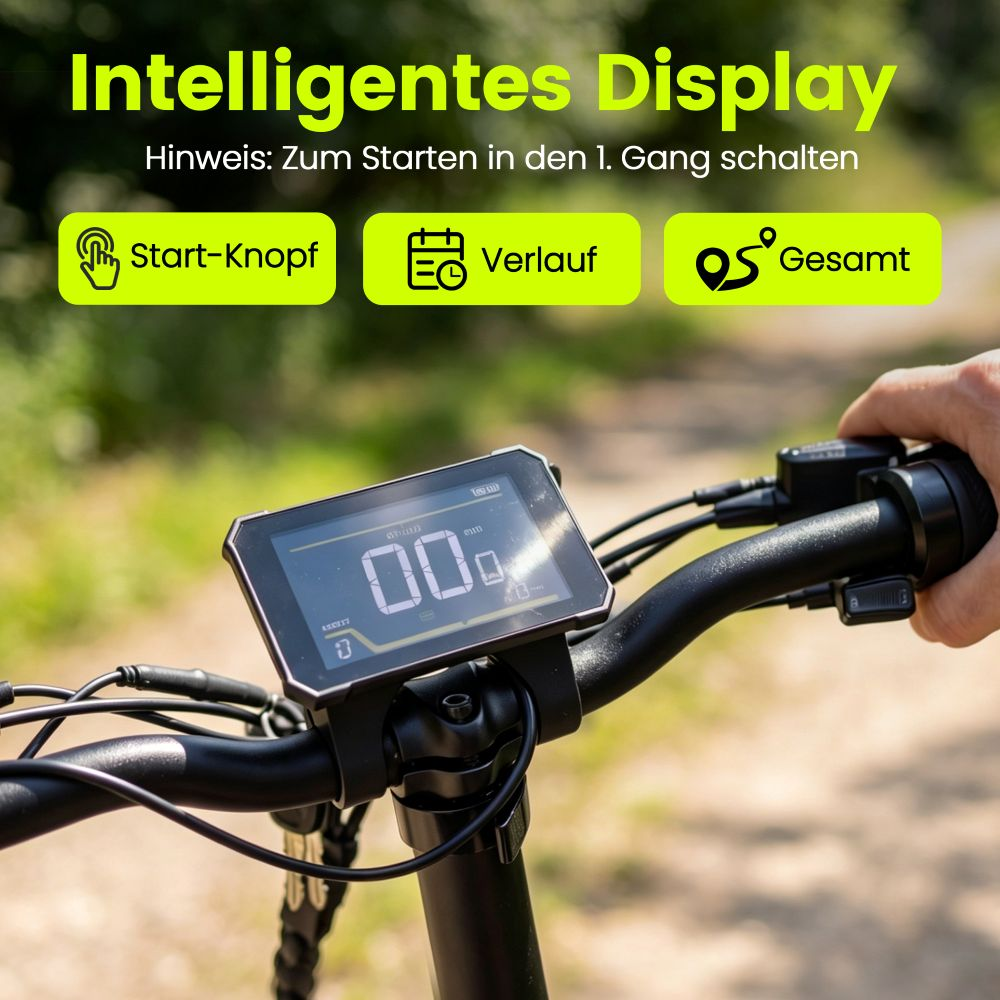 Display manubrio e-bike mostra velocità 00, batteria e icone modalità.
