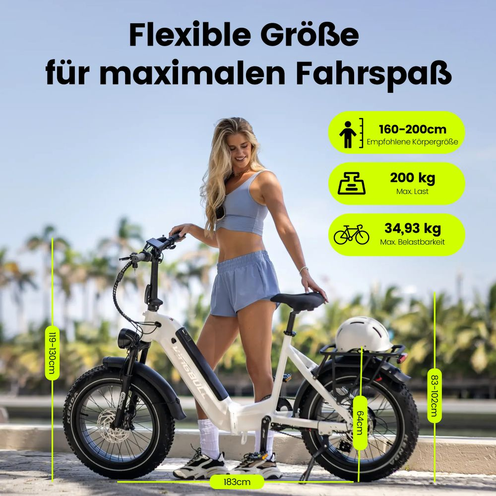 Donna con e-bike bianca, dimensioni e pesi indicati.