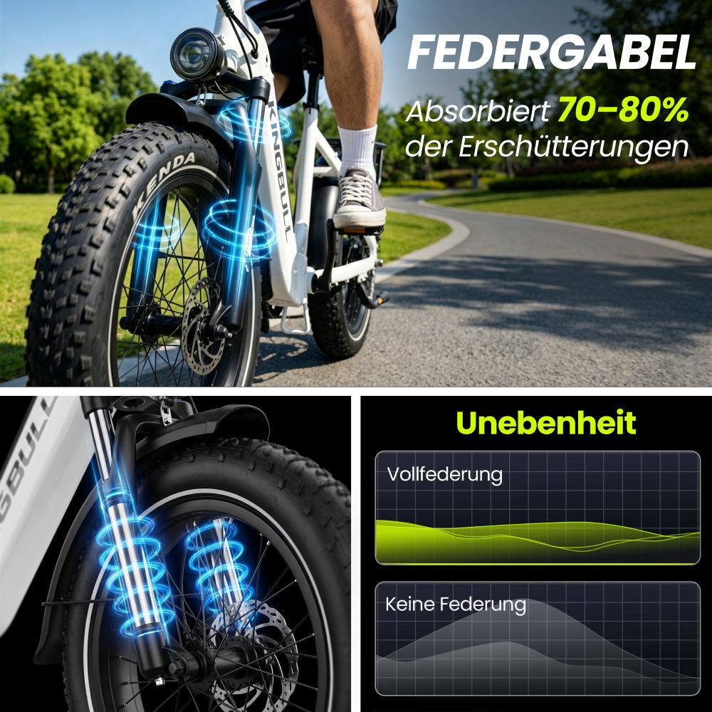 Bici elettrica con pneumatici larghi e forcella ammortizzata. Mostra assorbimento urti.