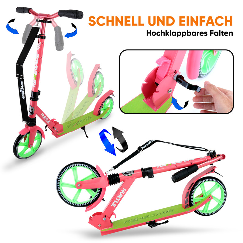Ein pinkfarbener Roller mit grünen Rädern, der zusammenklappt.