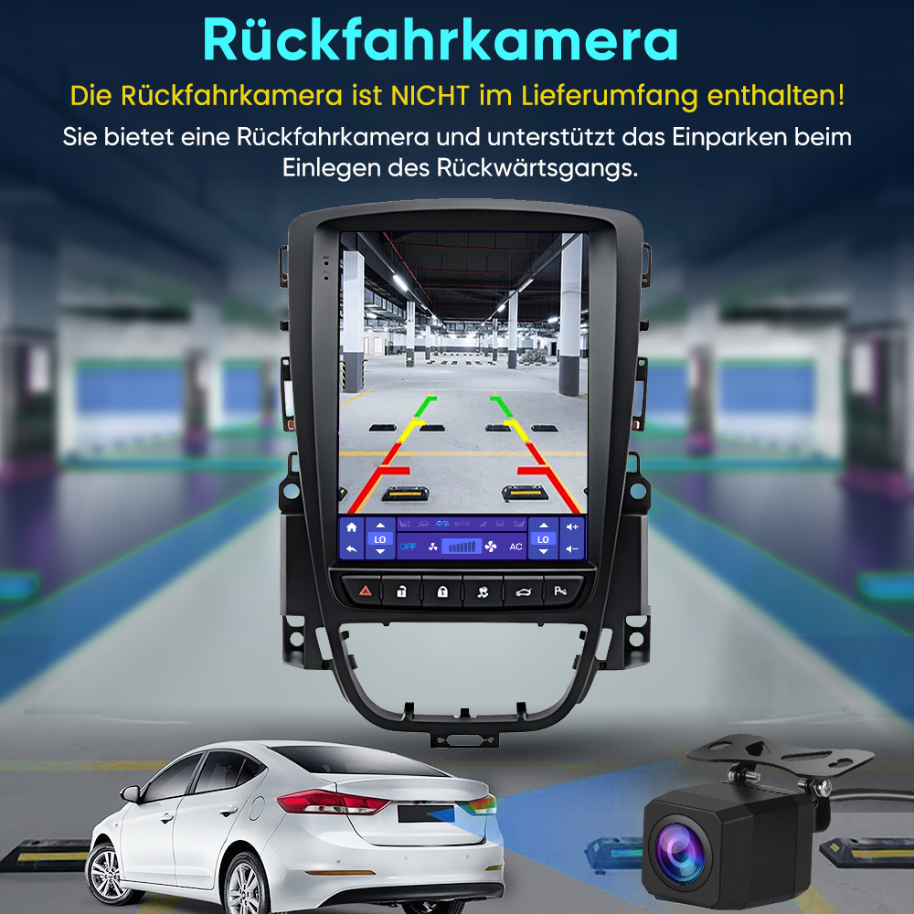 Ein Autoradio zeigt eine Rückfahrkamera-Ansicht eines Parkhauses. Unten ist ein Auto.
