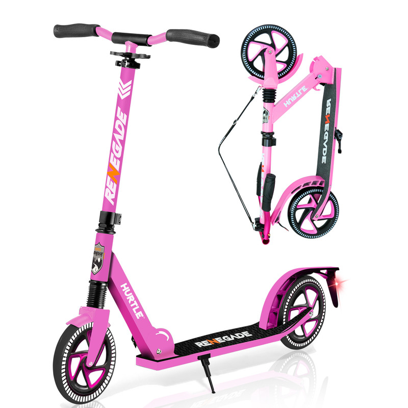 Pinker Renegade Roller, einer aufgeklappt, einer zusammengeklappt, mit schwarzen Griffen und Rädern.