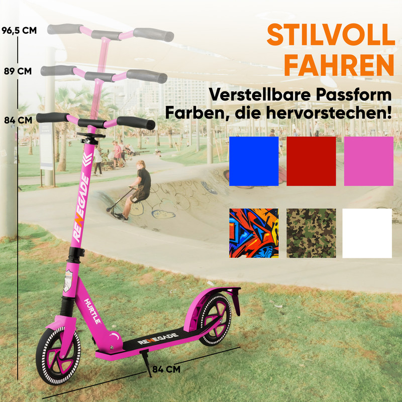 Ein pinker Roller steht auf Gras. Daneben sind Farb- und Musteroptionen zu sehen.