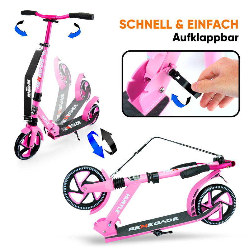 Ein pinkfarbener Roller wird in verschiedenen Positionen gezeigt, zusammenklappbar.