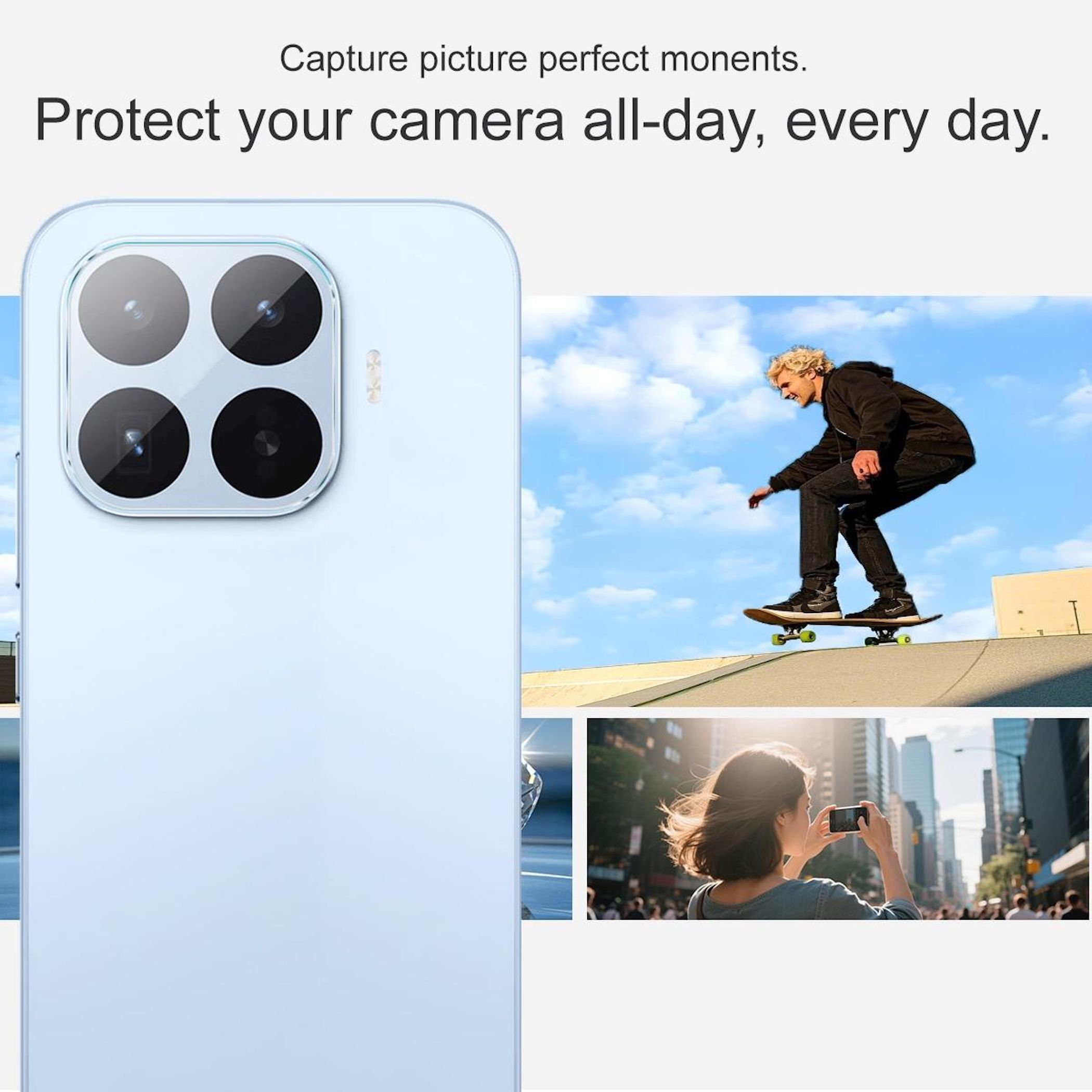 Ein Handy mit vier Kameras, ein Skater und eine Frau fotografieren.