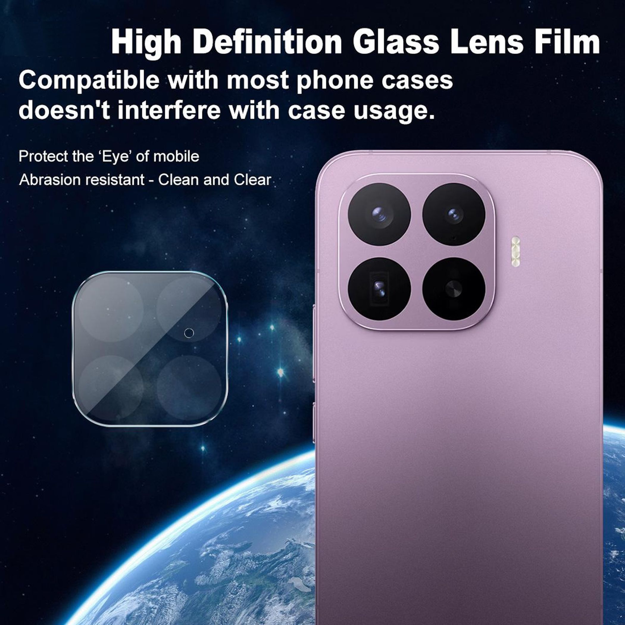 Smartphone viola con pellicola protettiva per lente fotocamera e Terra sullo sfondo.