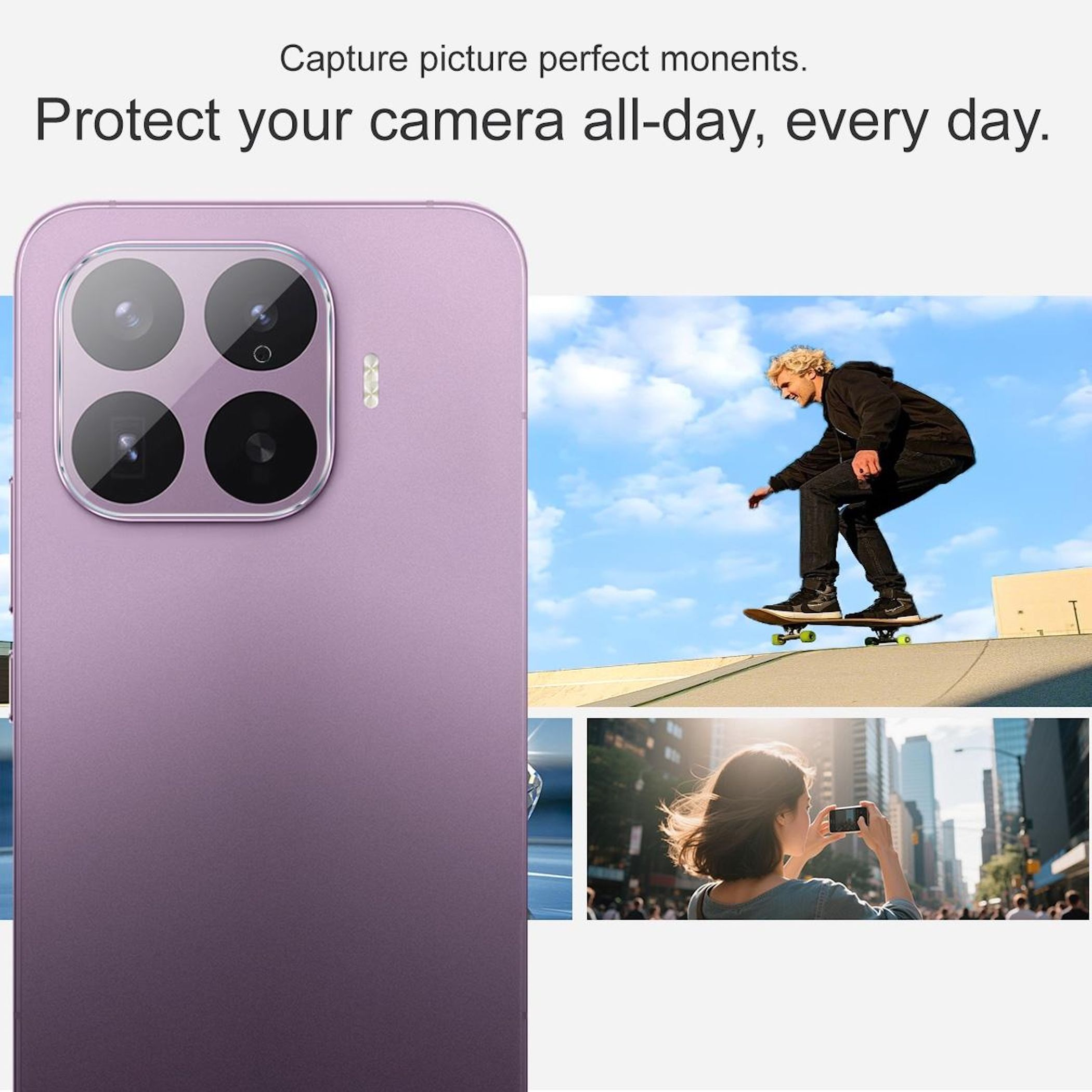 Telefono viola con quattro fotocamere, uno skater e una donna che scatta una foto.