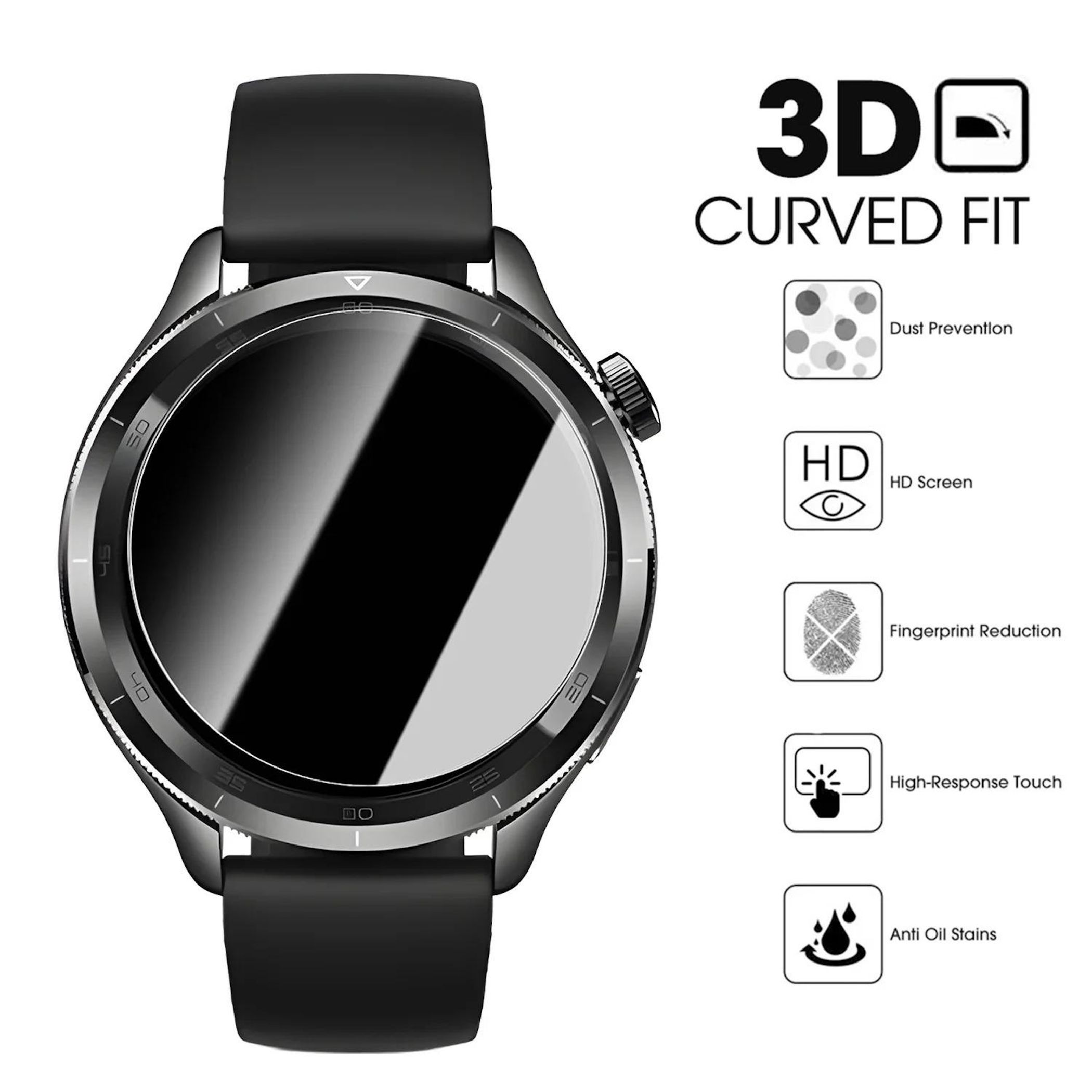Schwarze Smartwatch mit rundem Display und seitlicher Krone. Merkmale aufgelistet.
