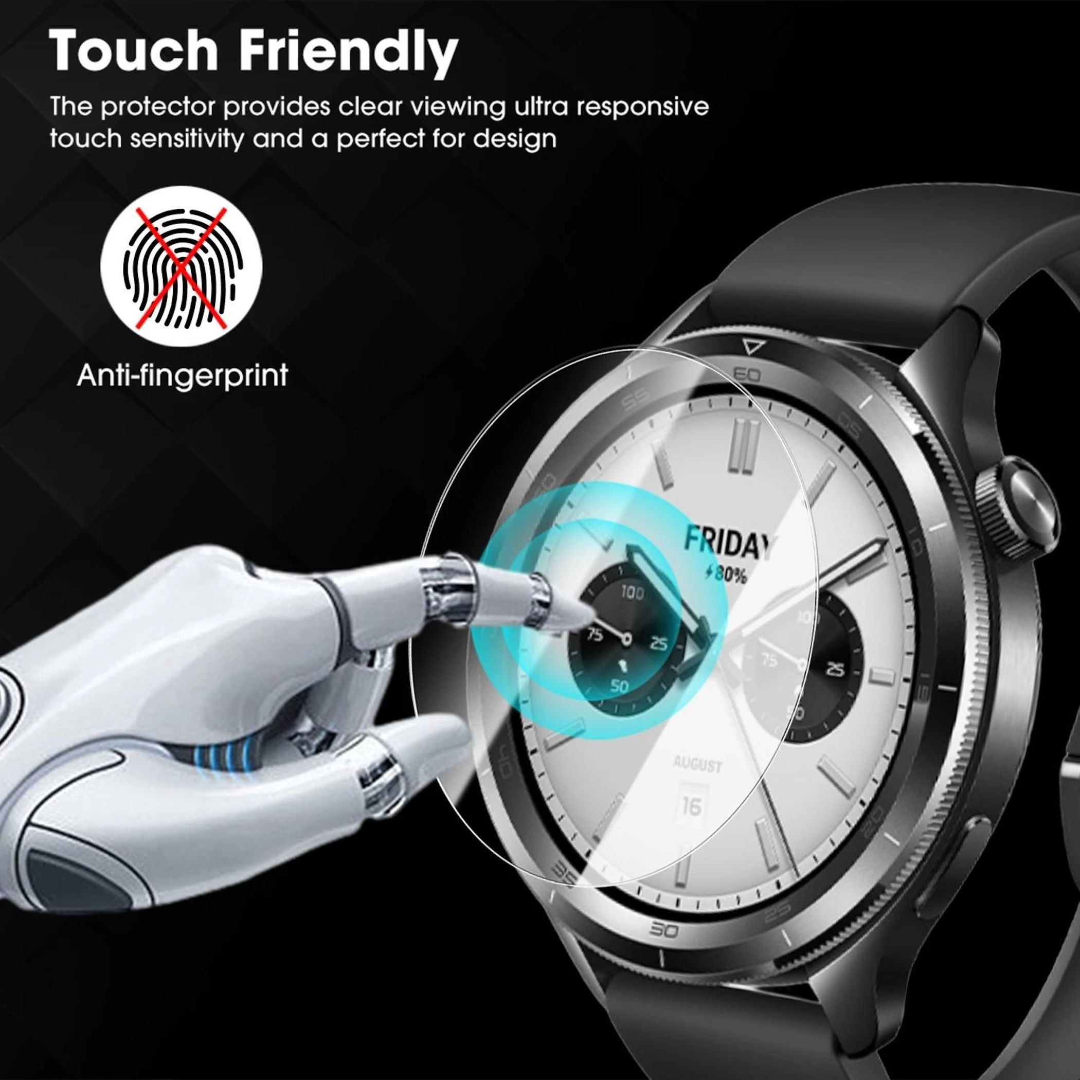 Eine Roboterhand berührt ein Smartwatch-Display mit einer Schutzfolie.