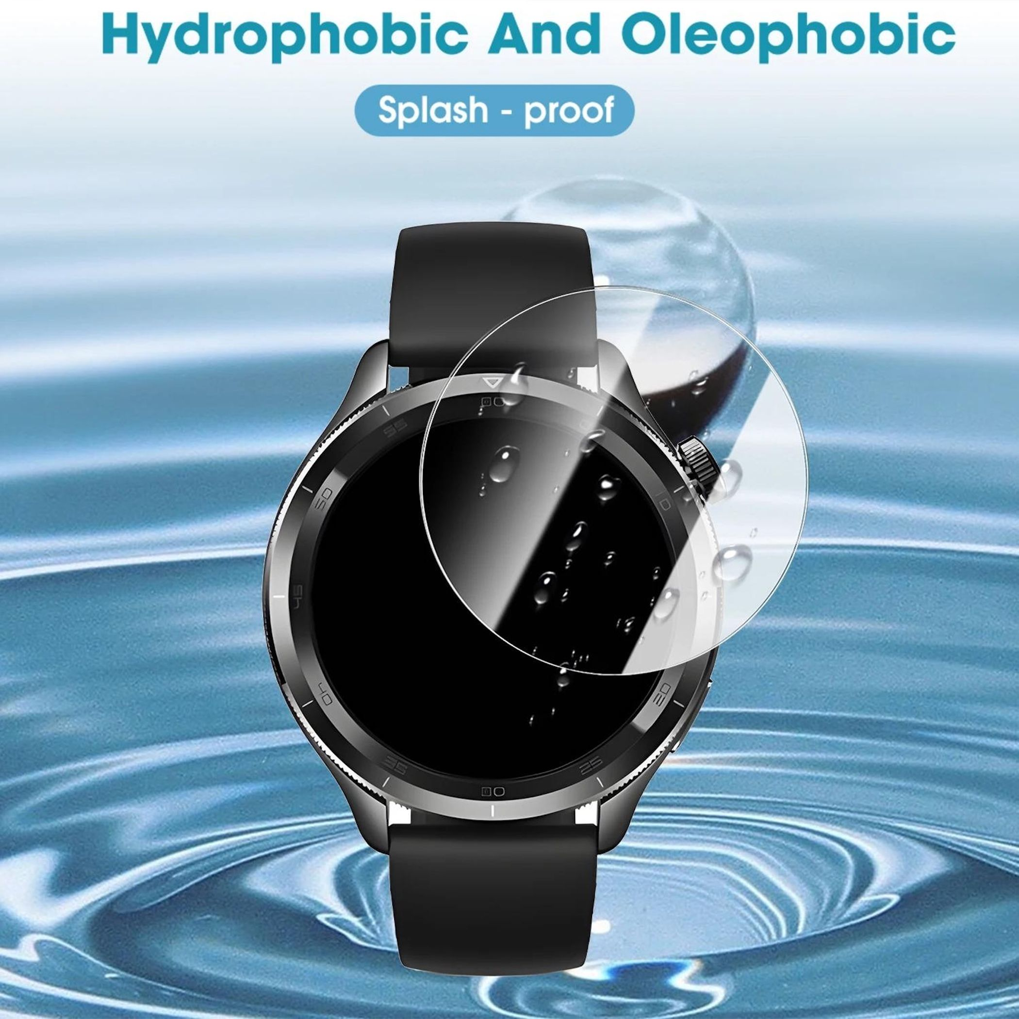 Smartwatch mit schwarzem Armband, spritzwassergeschütztem Display mit Wassertropfen.