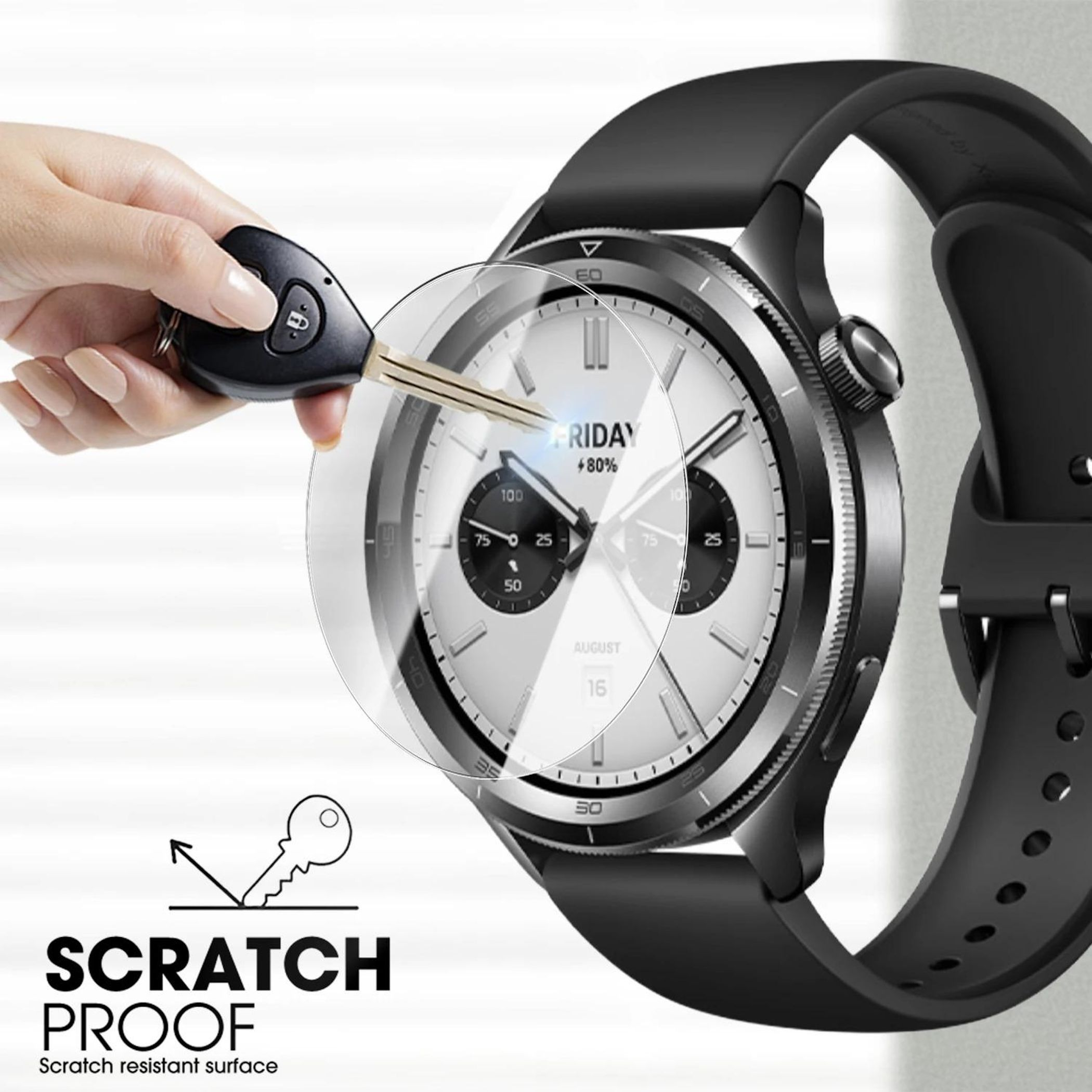 Eine Hand hält einen Autoschlüssel in der Nähe einer Smartwatch mit kratzfester Displayschutzfolie.