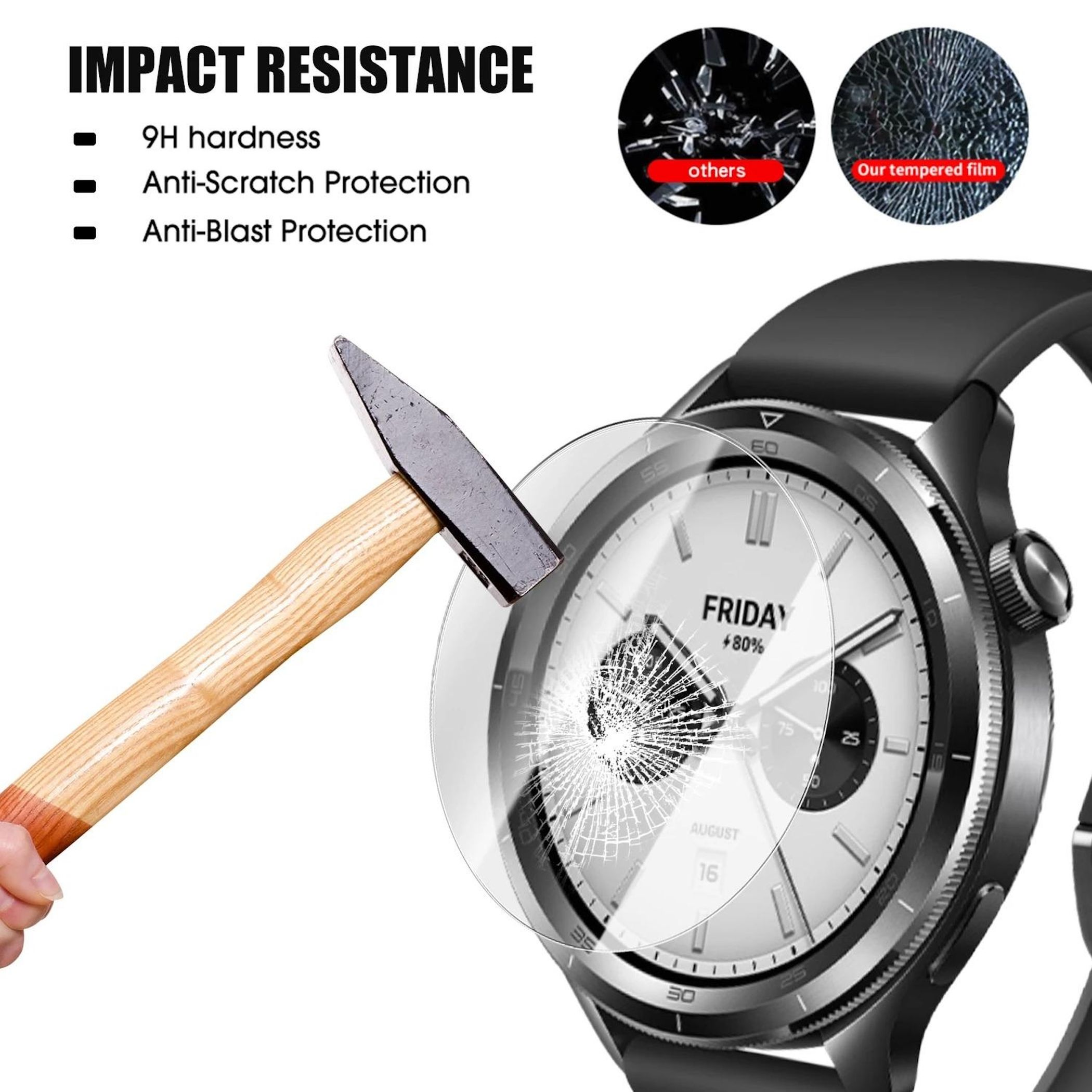 Hammer trifft auf eine Smartwatch mit zersplitterter Displayschutzfolie.